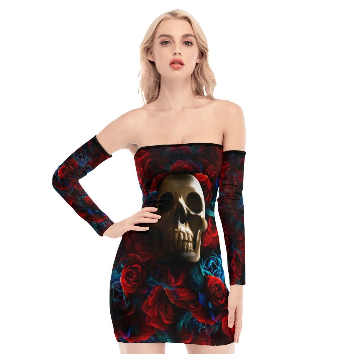 Skull Rose Red Blue Gothic Off-shoulder Back Lace-up Dress - Wonder Skull