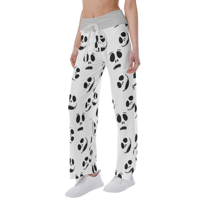 Nightmare White Face Pattern Pajama Pants Print Drawstring Palazzo Lounge - Wonder Skull