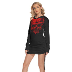 Red Skull Women One Shoulder Dress With Waist Shirring, Hot Long Hoodie For Women - Wonder Skull