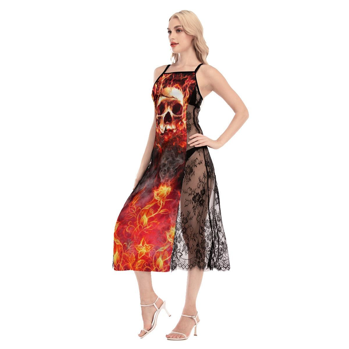 Hot Fire Skull Pattern Lace Cami Cross Back Women Dress - Wonder Skull