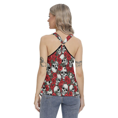 Rose Skull Pattern Gothic Women's Racing Tank Top With Irregular - Wonder Skull