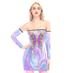 Holography Butterfly Off-shoulder Back Lace-up Dress - Wonder Skull