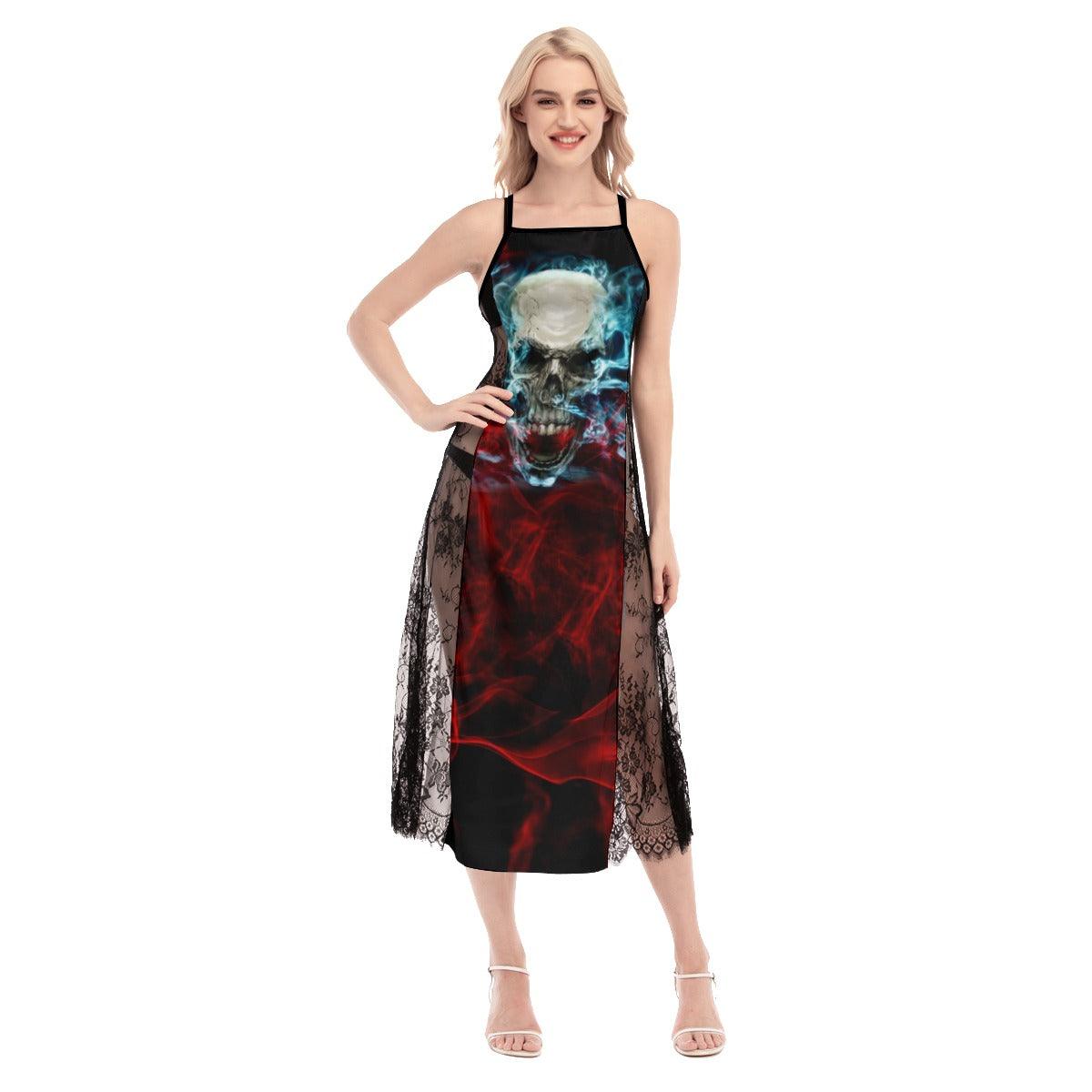 Hot Gothisc Skull Red Blue Lace Cami Cross Back Women Dress - Wonder Skull