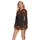 Skull Melting All Over Print Women One Shoulder Dress With Waist Shirring, Long Hoodie For Women - Wonder Skull