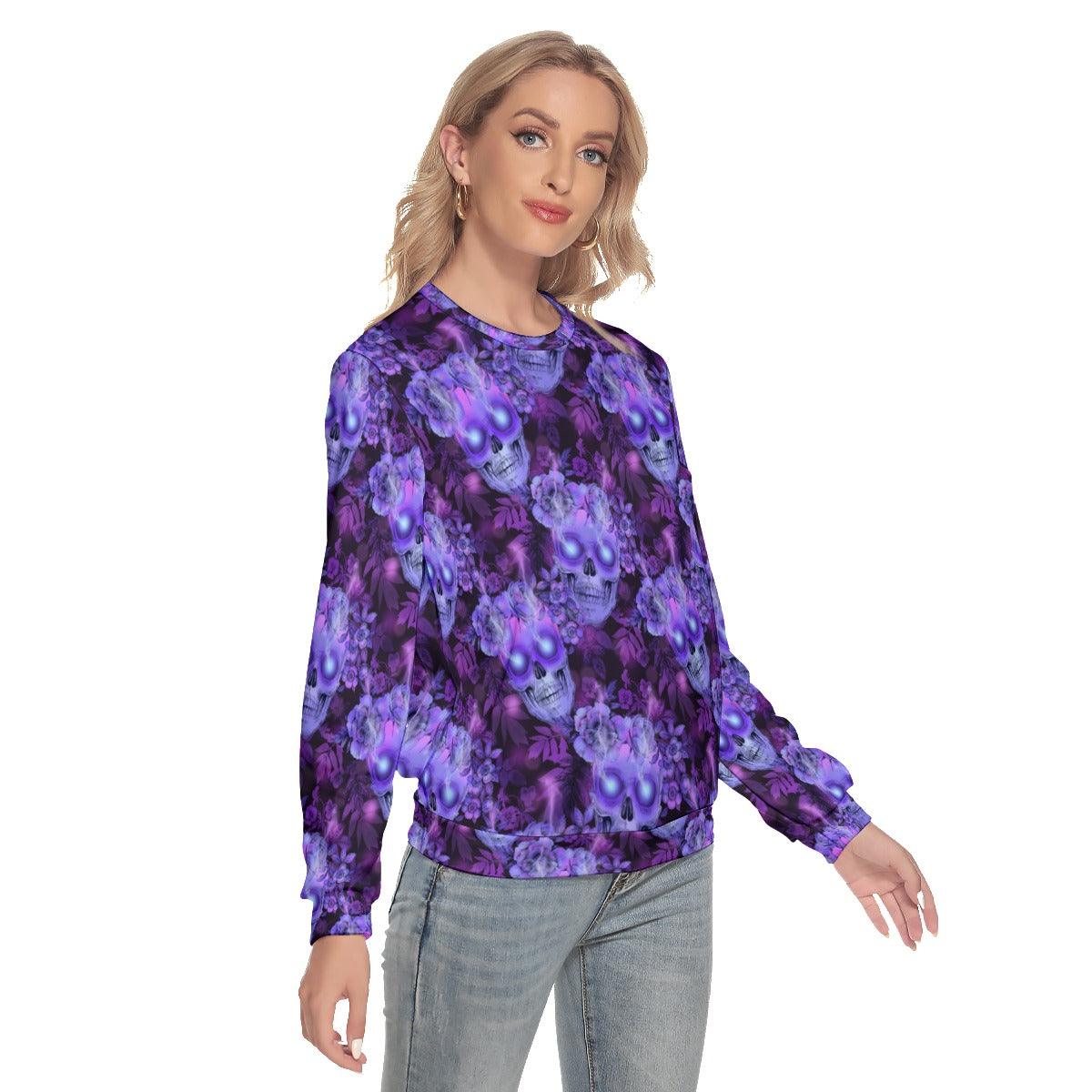 Purple Skulls And Flowers Slim Round Neck Sweatshirt - Wonder Skull
