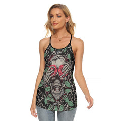 Skull Rose Thorn Artwork Criss-Cross Open Back Tank Top, Coolest T-Shirt For Women - Wonder Skull