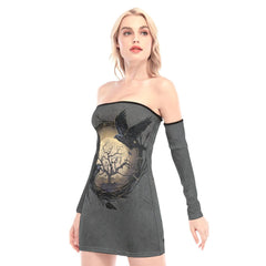 Couple Raven Off-shoulder Back Lace-up Dress - Wonder Skull