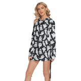 Halloween Boo All Over Print Women One Shoulder Dress With Waist Shirring, Long Hoodie For Women - Wonder Skull
