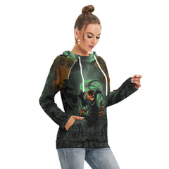 Halloween Pumpkin Chasing All-Over Print Women's Hoodie With Double Hood, Scary Nightmare Outwear - Wonder Skull