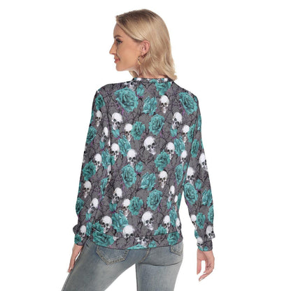 Cyan Roses And Skulls Pattern Slim Round Neck Sweatshirt - Wonder Skull