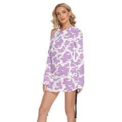 Purple Pastel Bat All Over Print Women One Shoulder Dress With Waist Shirring, Long Hoodie For Women - Wonder Skull