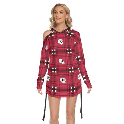 Christmas Red Black Skull Plaid Print Open Shoulder Dress - Wonder Skull