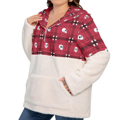 Skull Buffalo Plaid Pattern Borg Fleece Hoodie With Half Zip - Wonder Skull