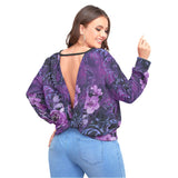 Purple Skull Flowers Backless Sweatshirt With Bat Sleeve - Wonder Skull