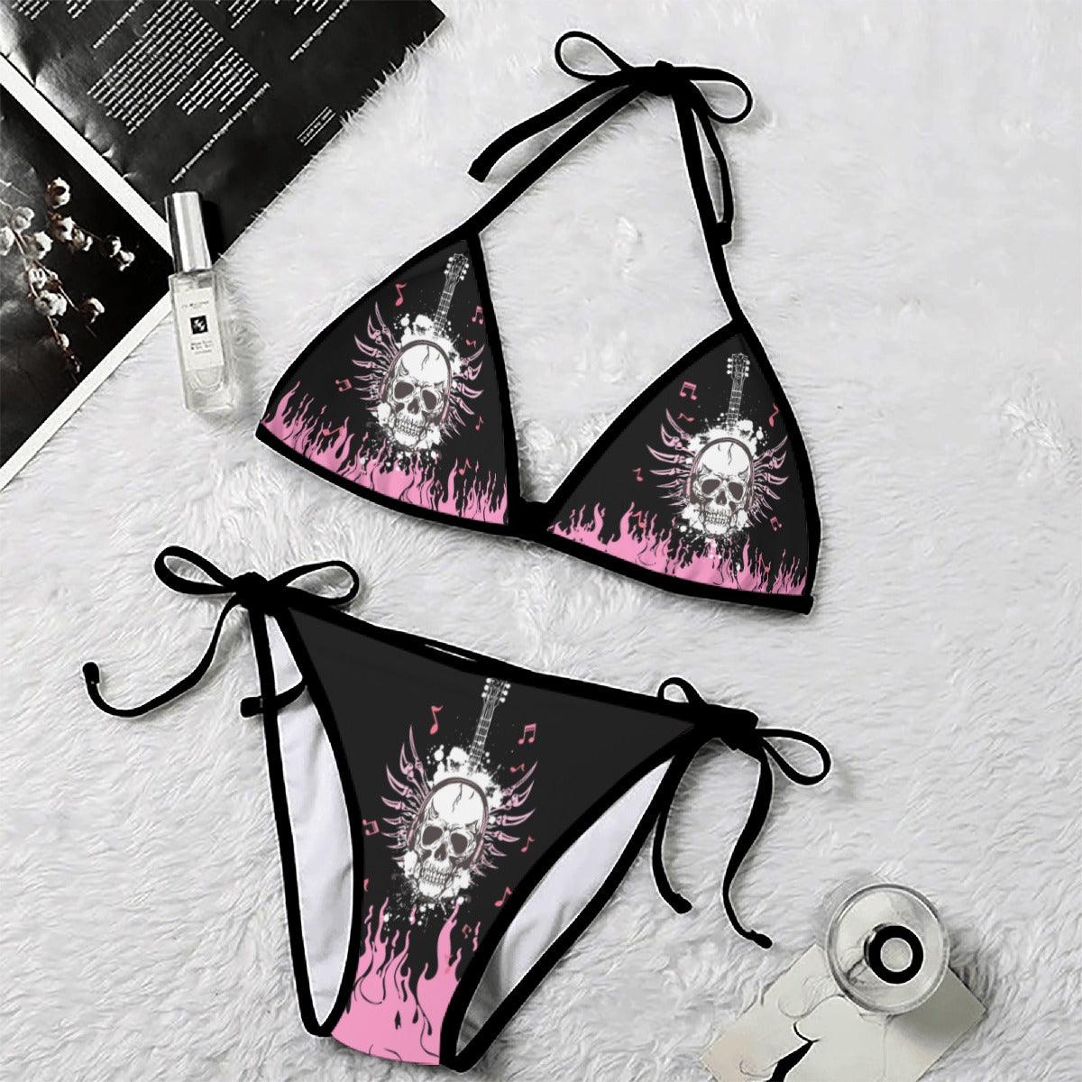 Pink Guitar Fire Skull Music Art String Triangle Bikini - Wonder Skull