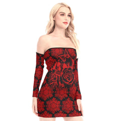 Red Mandala Skull Rose Off-shoulder Back Lace-up Dress - Wonder Skull