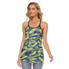 Green Blue Skull Camo Pattern Criss-Cross Open Back Tank Top, Trending T-Shirt For Women - Wonder Skull