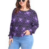 Purple Skull Flower Backless Sweatshirt With Bat Sleeve - Wonder Skull