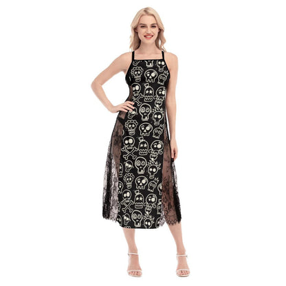 Hot Black Gothic Skull Pattern Lace Cami Cross Back Women Dress - Wonder Skull