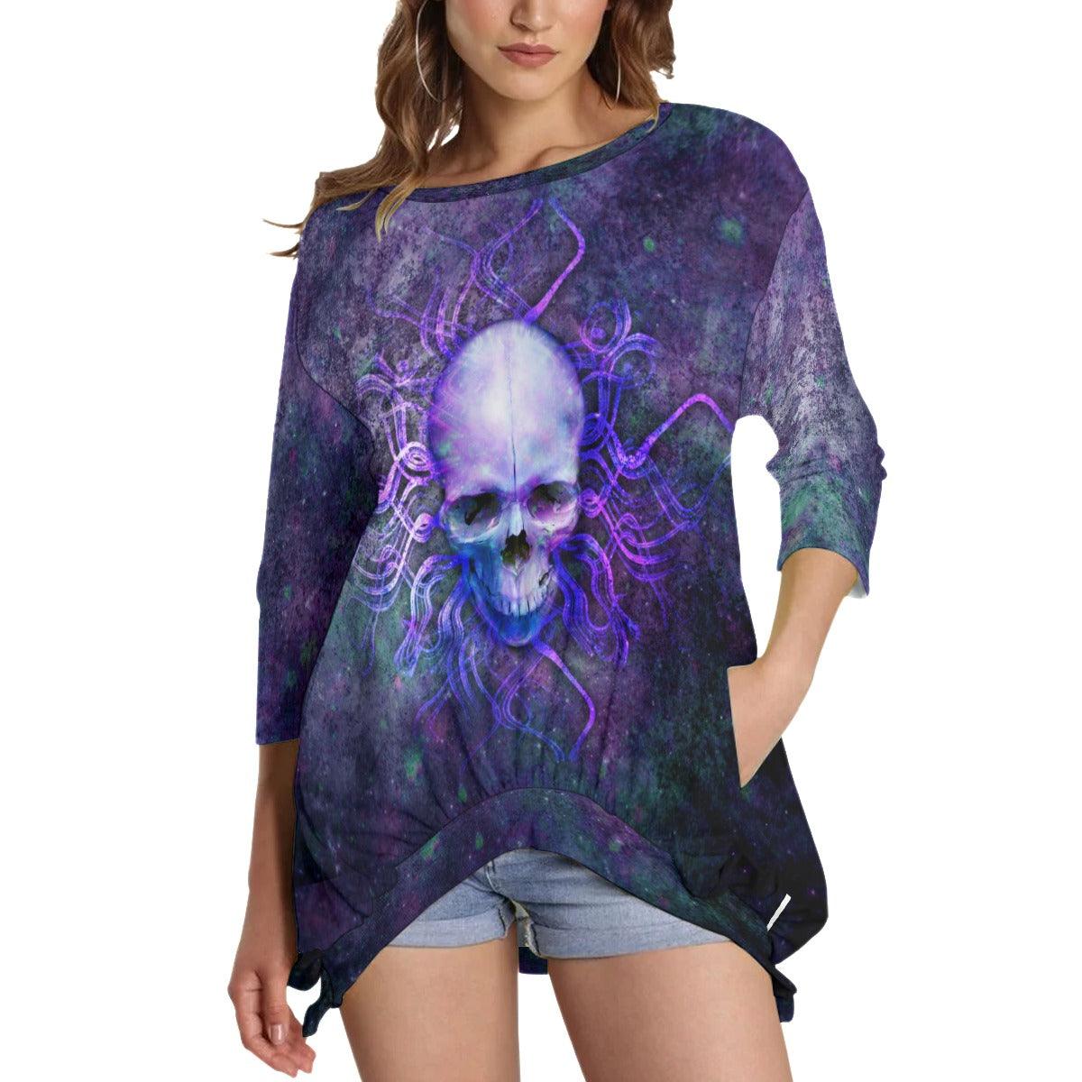 Purple Skull Galaxy Sweatshirt With Irregular Pleated Hem - Wonder Skull