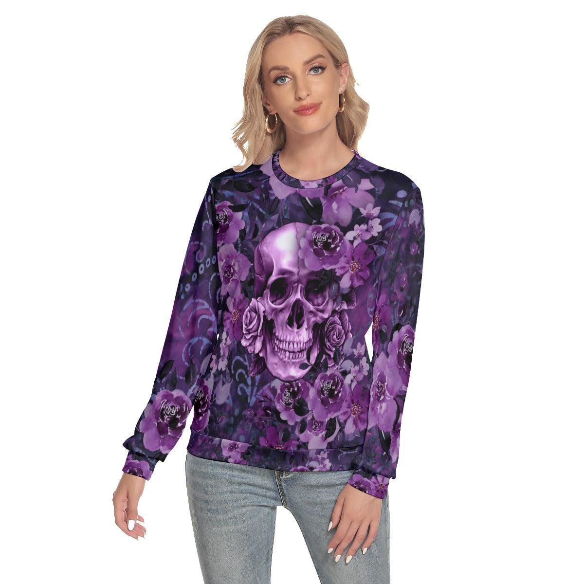 Purple Skull And Flowers Slim Round Neck Sweatshirt - Wonder Skull