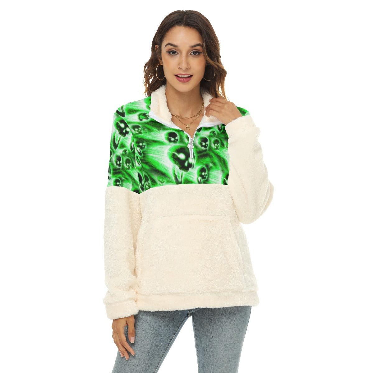 Green Skull Fire Borg Fleece Sweatshirt With Half Zip - Wonder Skull