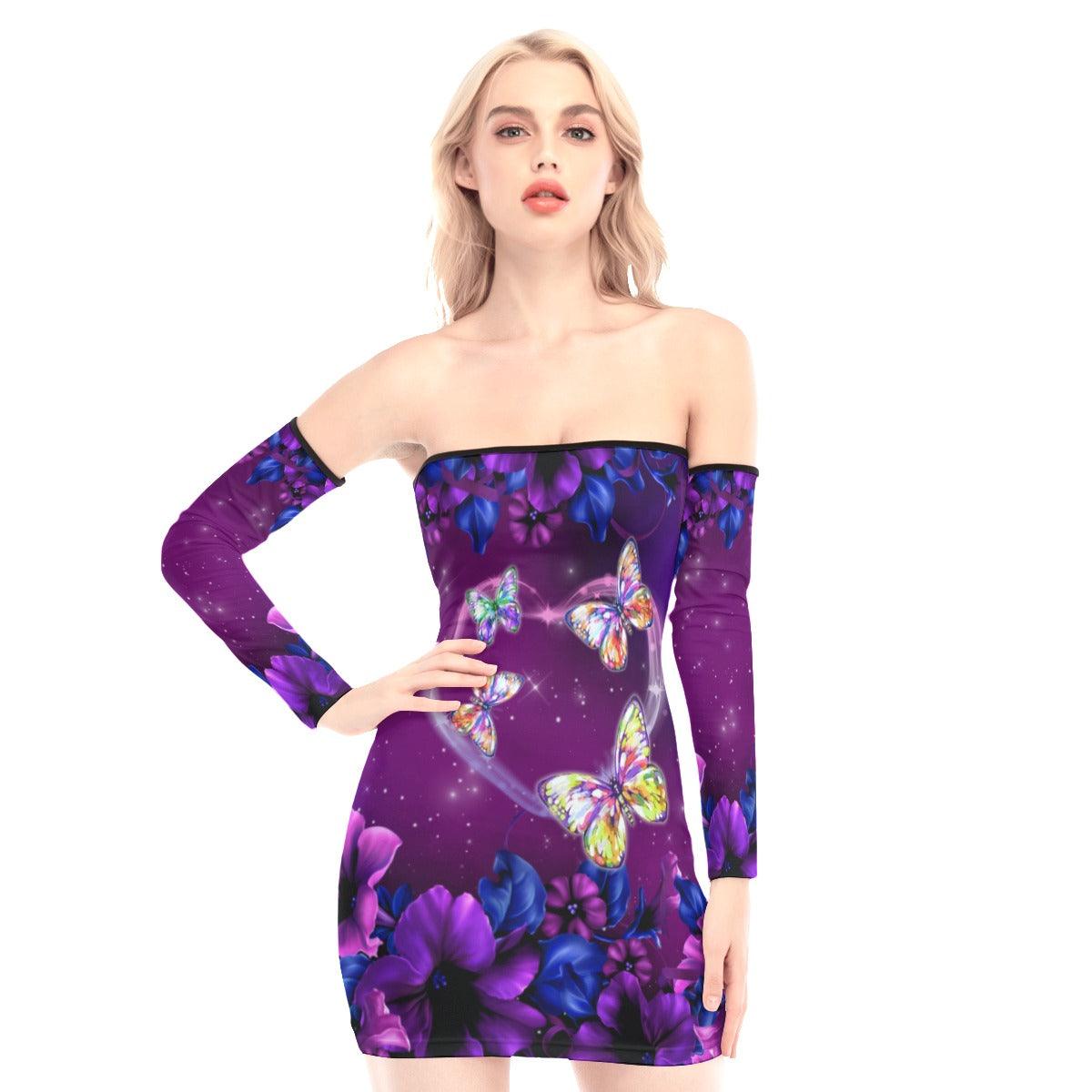 Purple Heart Butterfly Off-shoulder Back Lace-up Dress - Wonder Skull