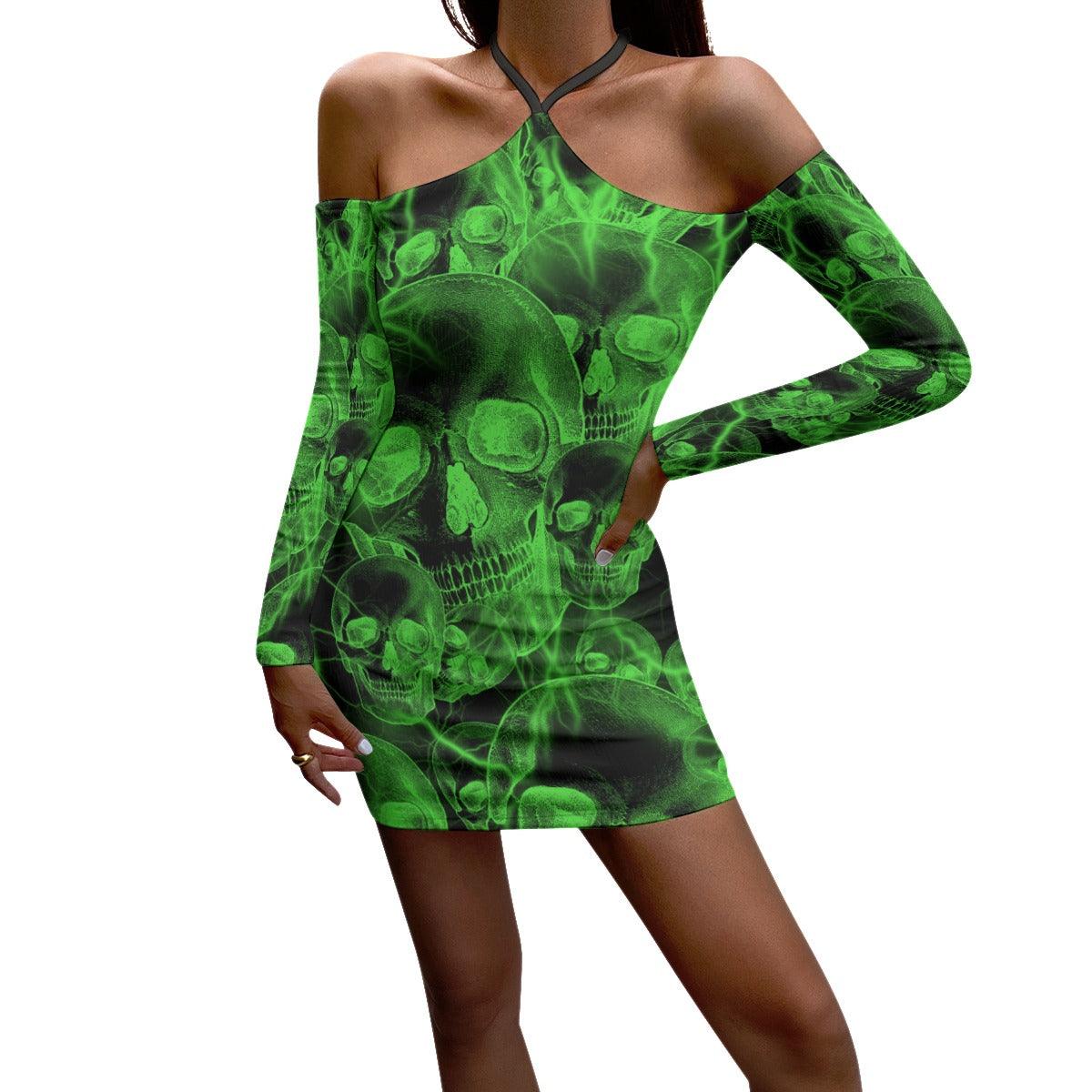 Green Skull Thunder Halter Lace-up Dress, Party Dress for Beautiful Goth Girls - Wonder Skull