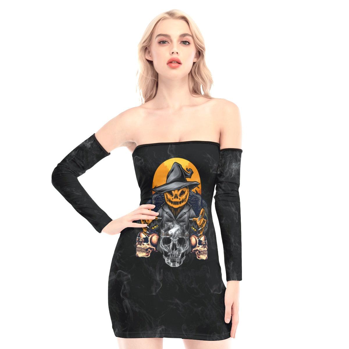 Scary Pumpkin And Skull Off-shoulder Back Lace-up Dress - Wonder Skull