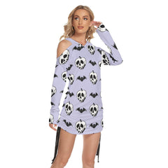 Purple Bat Skull All Over Print Women One Shoulder Dress With Waist Shirring, Long Hoodie For Women - Wonder Skull