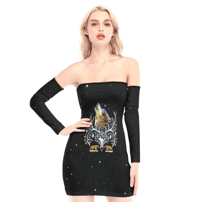 Wolf And Cow Skull Off-shoulder Back Lace-up Dress - Wonder Skull