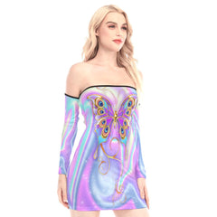 Holography Butterfly Off-shoulder Back Lace-up Dress - Wonder Skull