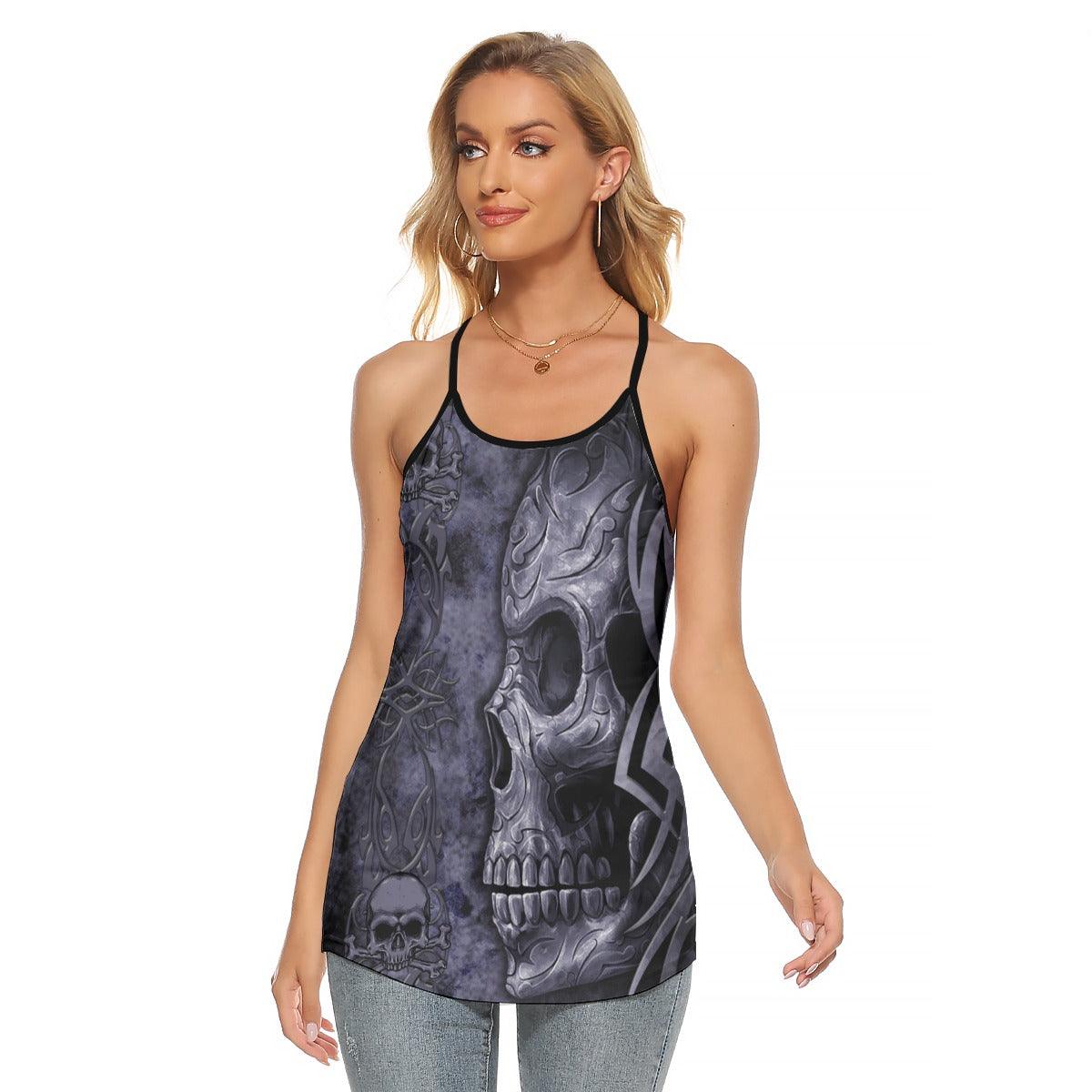 Dark Ancient Gothic Skull Criss-Cross Open Back Tank Top, Coolest T-Shirt For Women - Wonder Skull