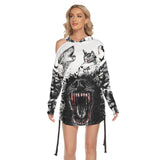 Wolves Howling All Over Print Women One Shoulder Dress With Waist Shirring, Hot Long Hoodie For Women - Wonder Skull