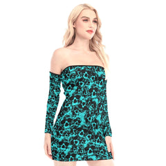 Cyan Chaotic Skull Off-shoulder Back Lace-up Dress - Wonder Skull