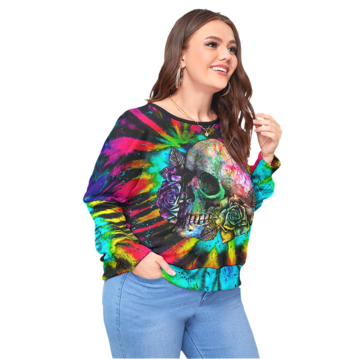 Tie Dye Skull Backless Sweatshirt With Bat Sleeve - Wonder Skull