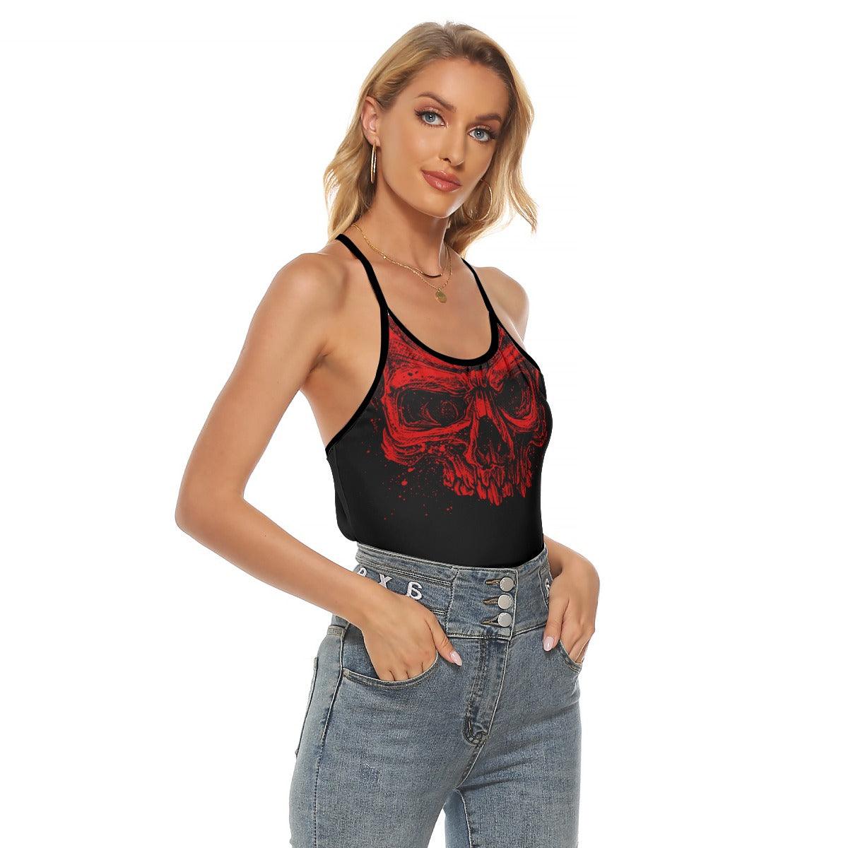 Red Skull Criss-Cross Open Back Tank Top, Hot T-Shirt For Women - Wonder Skull