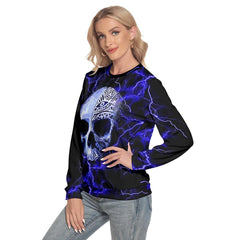 Blue Lightning Skull Slim Round Neck Sweatshirt - Wonder Skull