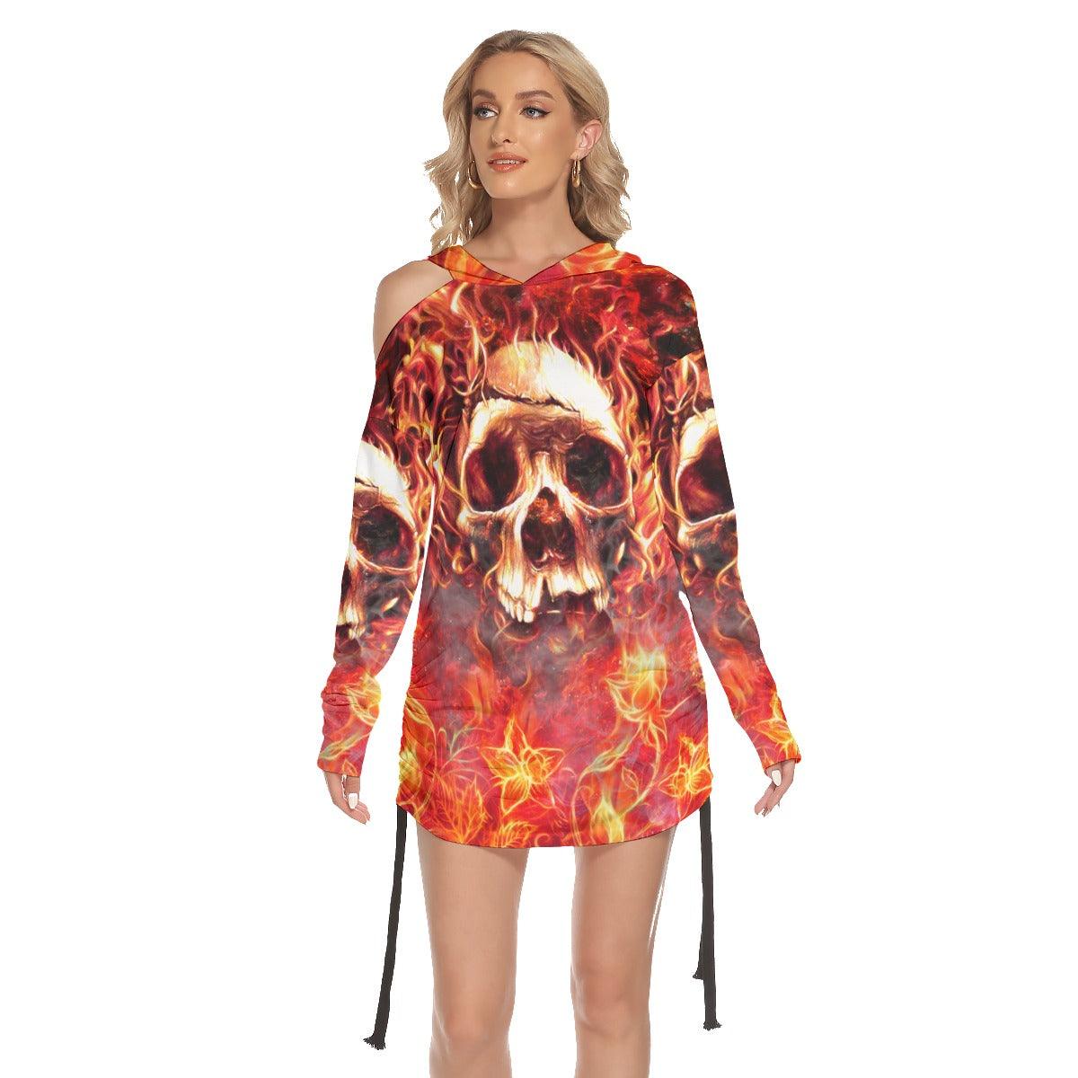 Skull Fire Heaven All Over Print Women One Shoulder Dress With Waist Shirring, Long Hoodie For Women - Wonder Skull