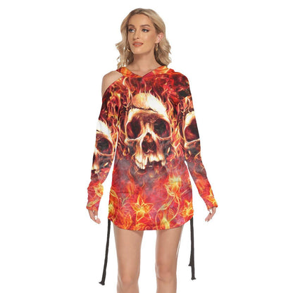 Skull Fire Heaven All Over Print Women One Shoulder Dress With Waist Shirring, Long Hoodie For Women - Wonder Skull