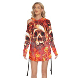 Skull Fire Heaven All Over Print Women One Shoulder Dress With Waist Shirring, Long Hoodie For Women - Wonder Skull