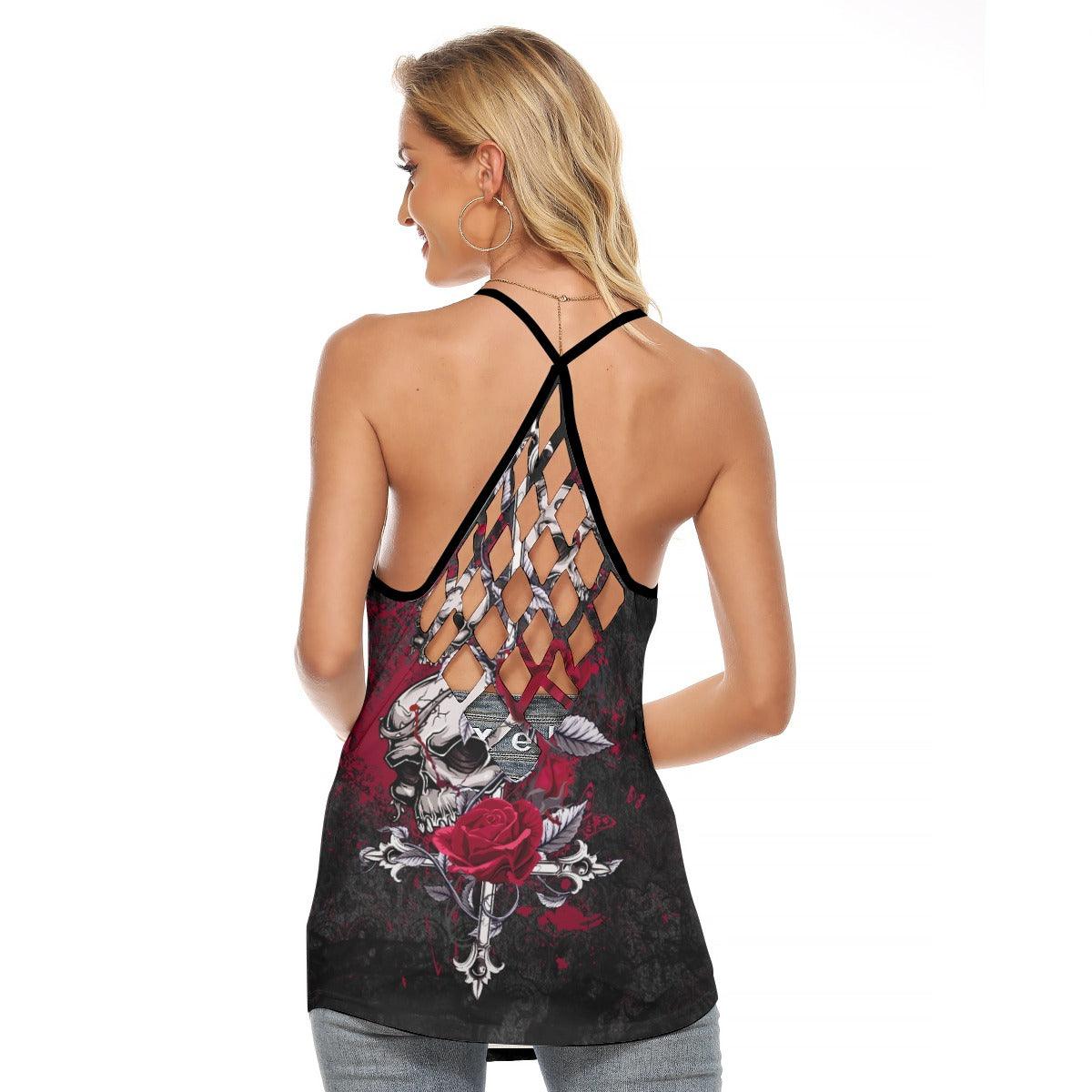 Cross Skull Gothic Rose Criss-Cross Open Back Tank Top, Coolest T-Shirt For Women - Wonder Skull