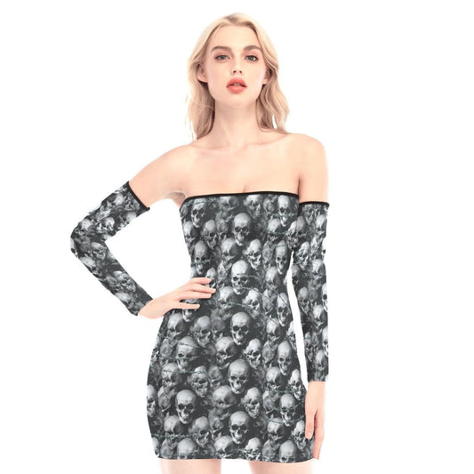 Barbed Wire Skull Off-shoulder Back Lace-up Dress - Wonder Skull
