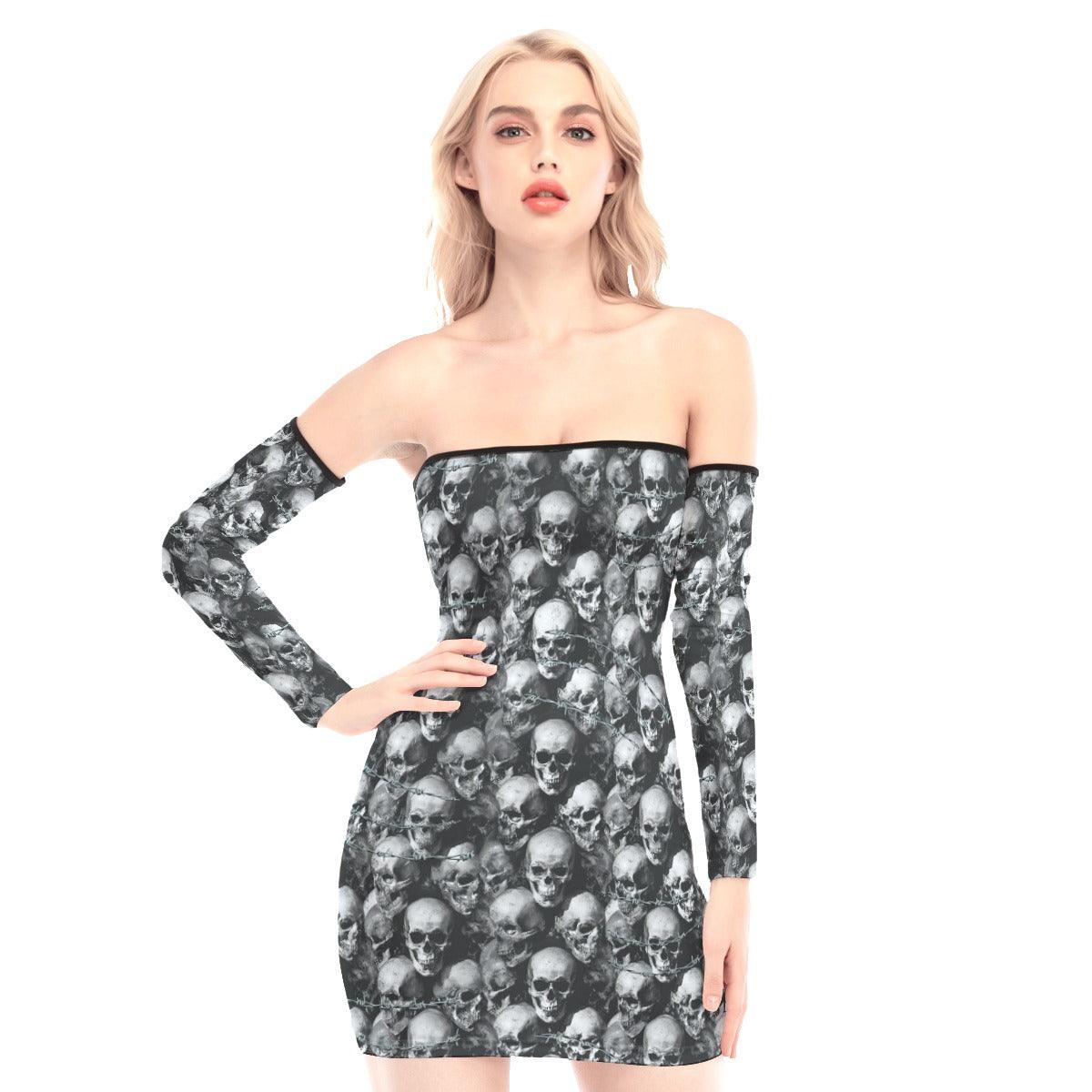 Barbed Wire Skull Off-shoulder Back Lace-up Dress - Wonder Skull