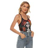 Halloween Girl Pumpkin Criss-Cross Open Back Tank Top, Hot T-Shirt For Women - Wonder Skull