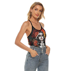 Halloween Girl Pumpkin Criss-Cross Open Back Tank Top, Hot T-Shirt For Women - Wonder Skull