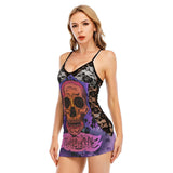 Halloween Purple & Orange Skull All-Over Print Women Black Lace Cami Dress, Hot Nightwear For Women - Wonder Skull