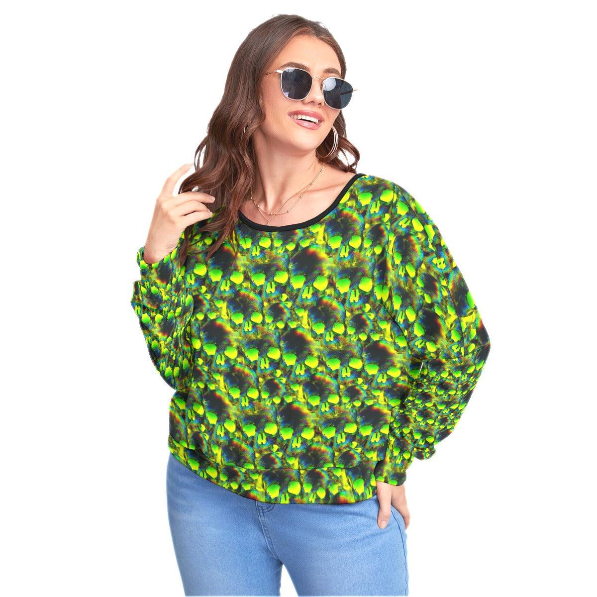 Illusion Green Skulls Backless Sweatshirt With Bat Sleeve - Wonder Skull