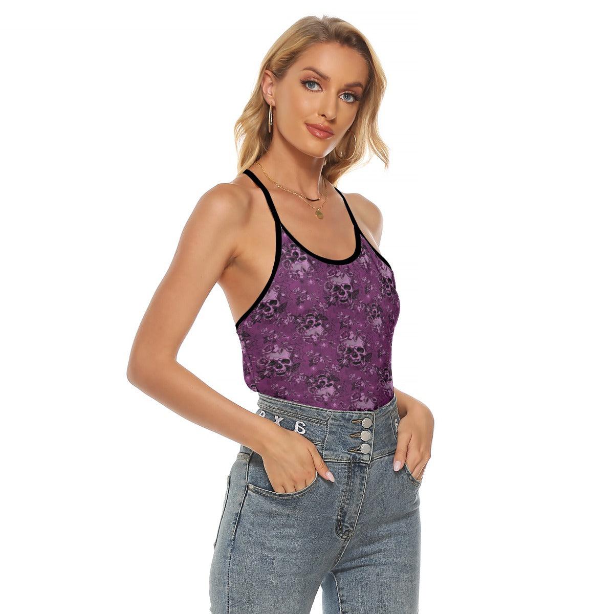 Violet Skull Butterfly Roses Criss-Cross Open Back Tank Top, Coolest T-Shirt For Women - Wonder Skull