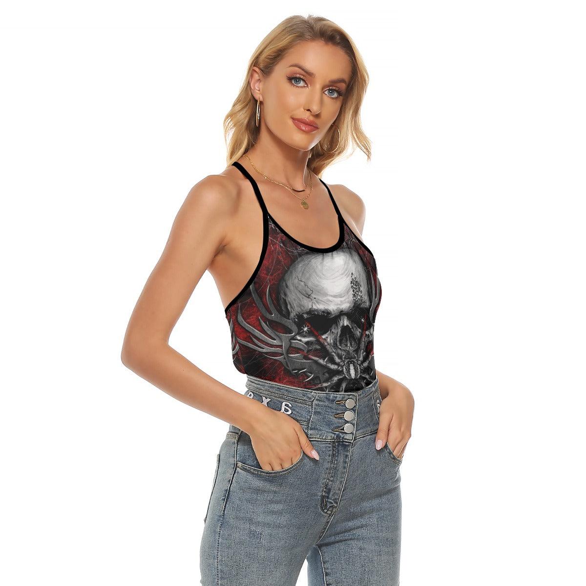 Gothic Spider Skull Criss-Cross Open Back Tank Top, Hot T-Shirt For Women - Wonder Skull